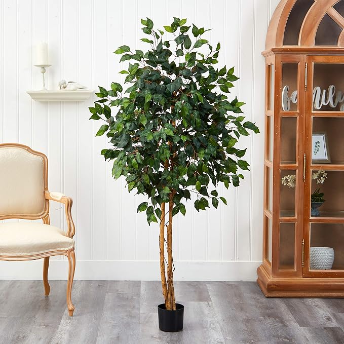 Nearly Natural 5ft Artificial Ficus Tree, Triple Trunk Faux Greenery - Image 8