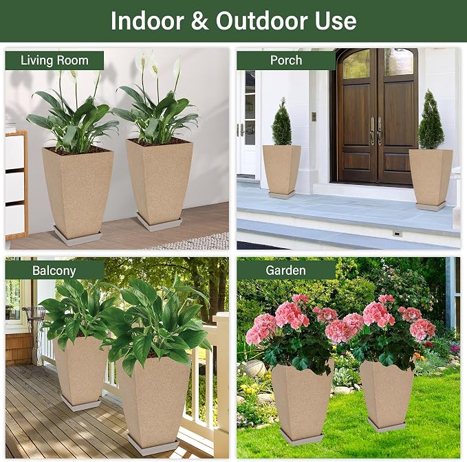 Neoaider Set of 2 Tall Planter, 21 inch Large Plastic Planter, Marble | - Image 7