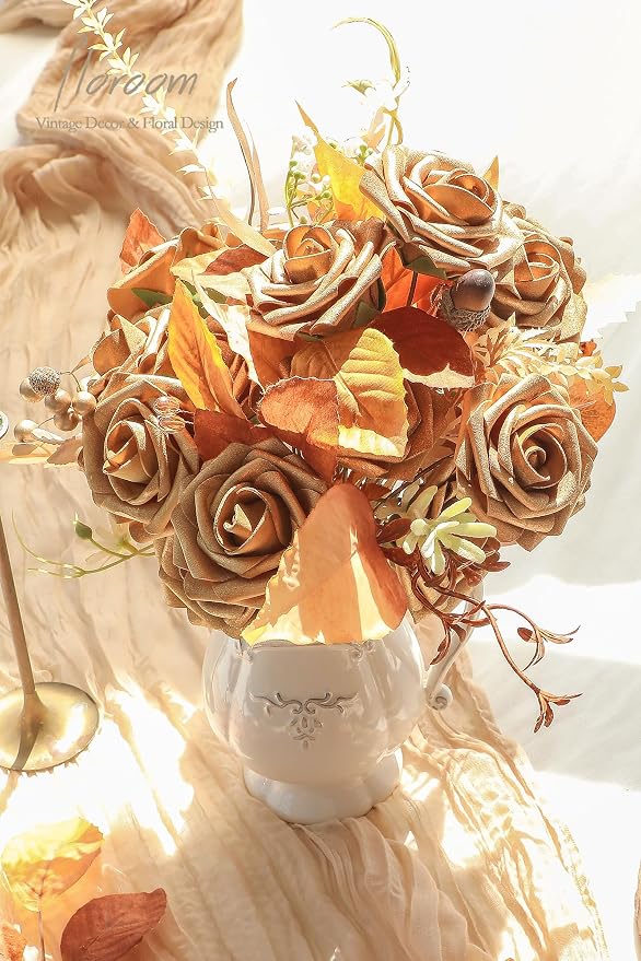 Artificial Flowers 25pcs Real Looking Antique Gold Foam Fake Roses - Image 2
