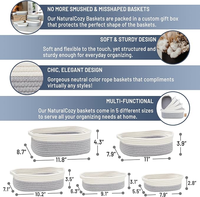 NaturalCozy 5-Piece Rectangle Storage Basket Set- Natural Cotton Rope Woven - Image 2