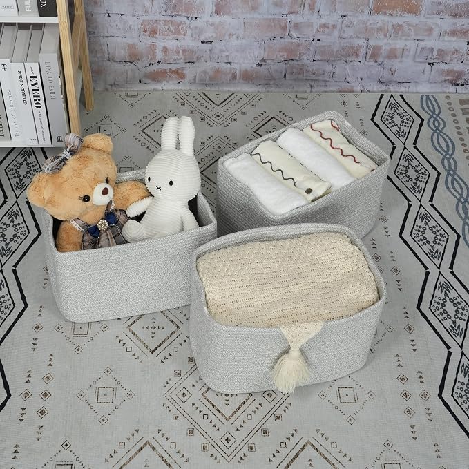 XUANGUO Woven Cotton Rope Storage Baskets 15x10x9.3" 3 Pack Grey | Decorative - Image 5