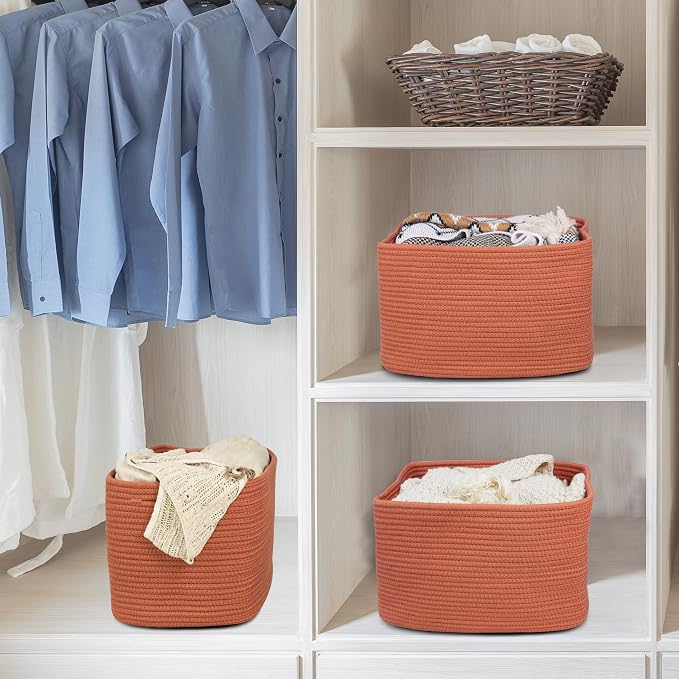 XUANGUO Woven Cotton Rope Storage Baskets 15x10x9.3" 3 Pack Rust | Decorative - Image 6