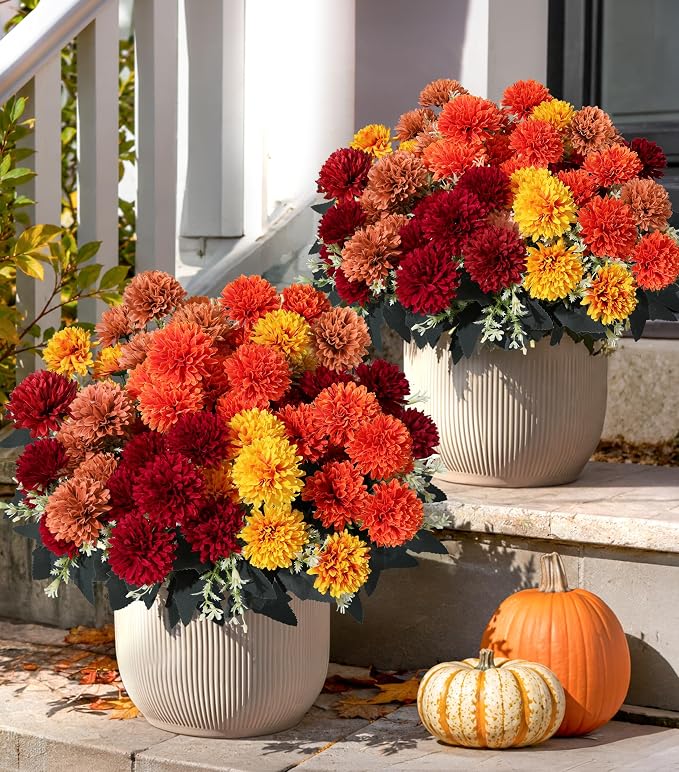 Artificial Mums for Outdoors Fall Flowers Artificial for Decoration, 12 Bundles - Image 4