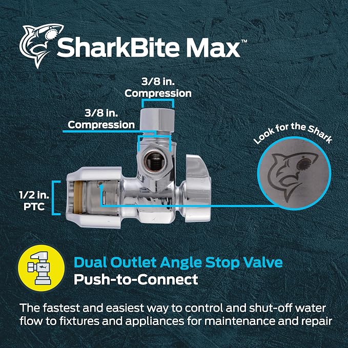 SharkBite Max 1/2 x 1/2 x 3/8 Inch Compression Dual Outlet Angle Stop Valve - Image 2