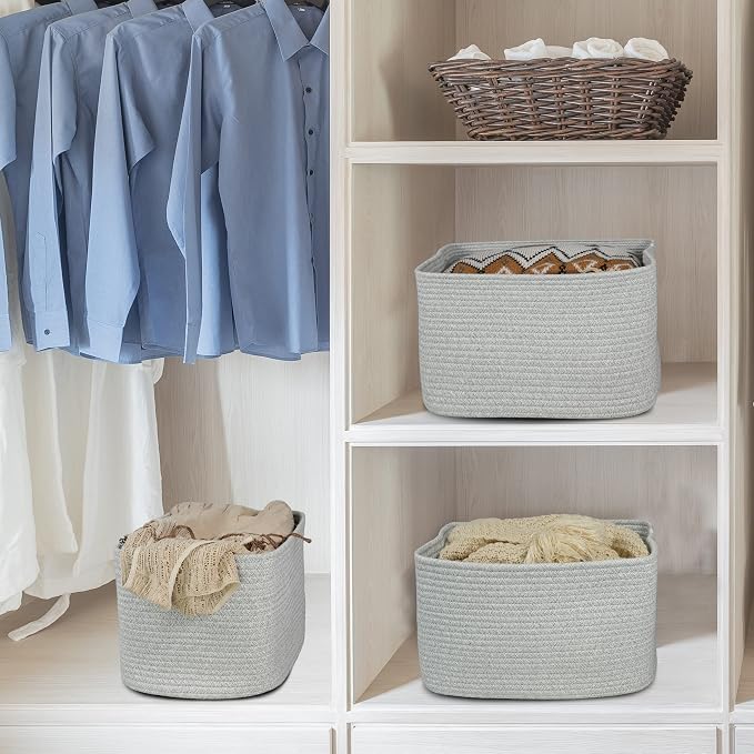 XUANGUO Woven Cotton Rope Storage Baskets 15x10x9.3" 3 Pack Grey | Decorative - Image 6