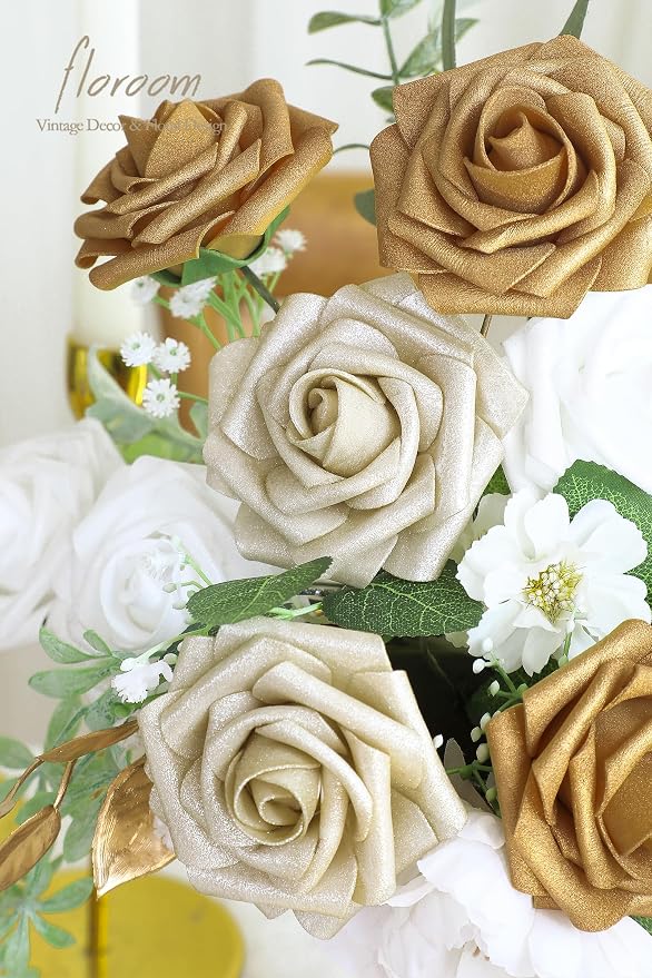 Artificial Flowers 25pcs Real Looking Gold & Champagne Gold Foam Fake Roses - Image 5