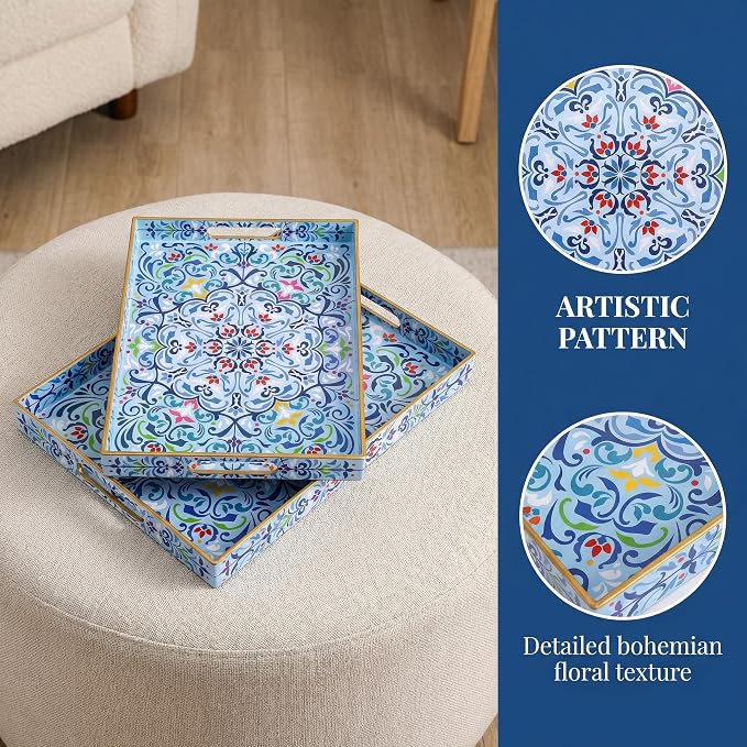 Hiceeden Set of 2 Boho Floral Serving Tray - Image 3