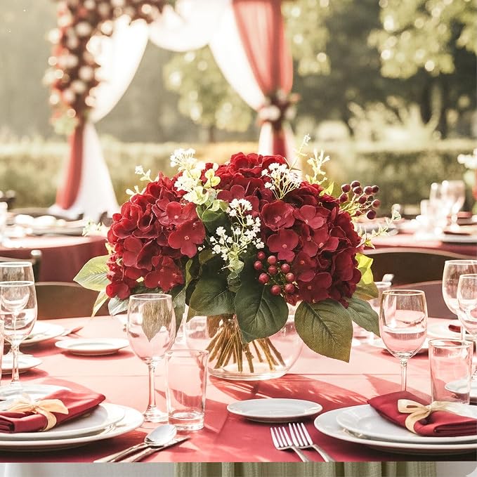 Auihiay 64Pcs Burgundy Hydrangea Artificial Flowers Bulk, Silk Hydrangeas | - Image 7