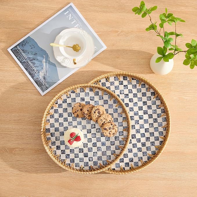 Round Rattan Tray with Mother of Pearl Inlay, Rattan Serving Tray with Wooden - Image 4