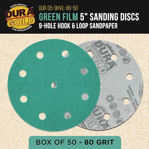 Dura-Gold Premium 80 Grit 5" Green Film Sanding Discs, 9-Hole Pattern, Box of 50 - Image 2