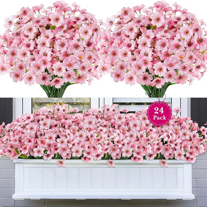 24PCS Artificial Pink Flowers for Outdoors, Realistic Silk Flowers | for by AmberFun