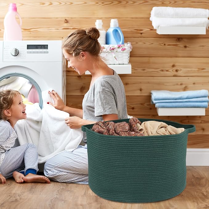 XUANGUO Extra Large Cotton Rope Round Storage Basket 22" x 14" Dark Green | - Image 4