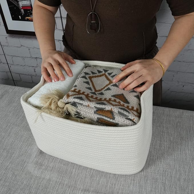 XUANGUO Woven Cotton Rope Storage Baskets 15x10x9.3" 3 Pack White | Decorative - Image 3