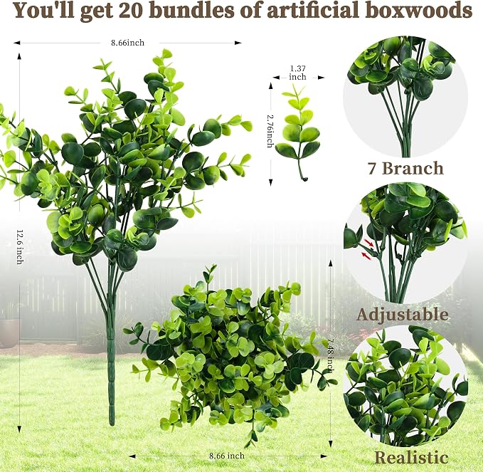 ColoPlay 20 Bundles Artificial Greenery Boxwood Plants, Fake Outdoor Plants | - Image 2