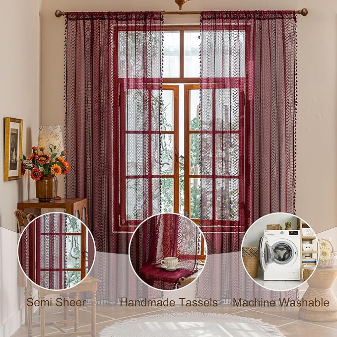 Sutuo Home Burgundy Boho Lace Curtains 72 inch Lengh - Image 5