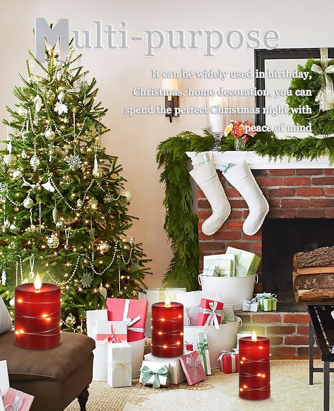Red Flameless Candles with String Lights Battery Operated LED Pillar Candles - Image 7