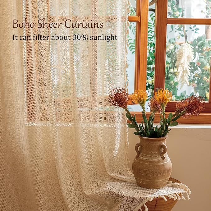 Sutuo Home Beige Lace Boho Curtains - Image 2