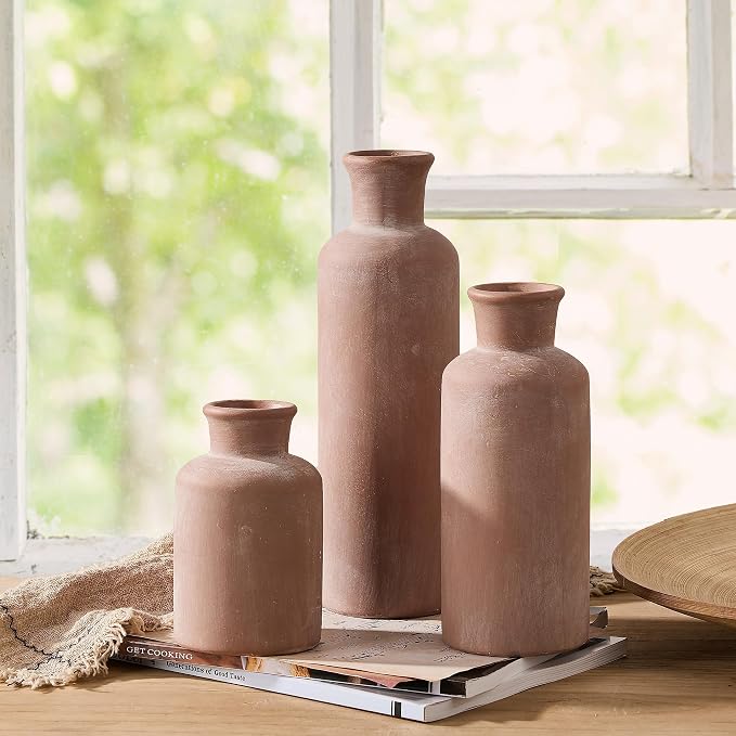 LUKA Ceramic Rustic Farmhouse Vase Set of 3, Terracotta Vases - Image 2