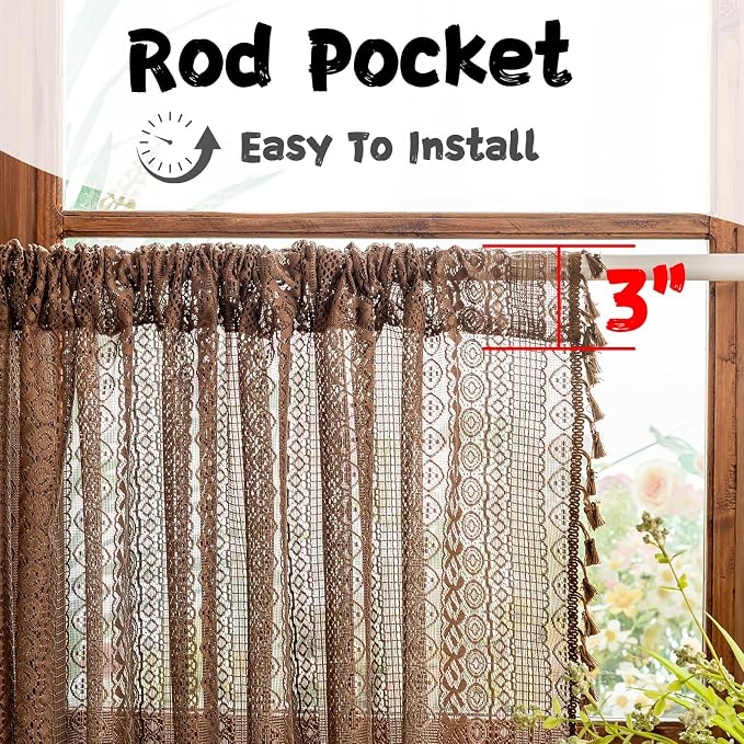Sutuo Home Dark Coffee Boho Short Curtains Valance - Image 3