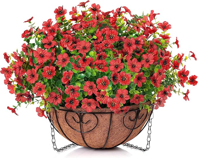 Artificial Fake Hanging Red Plants Flowers Basket - Image 2