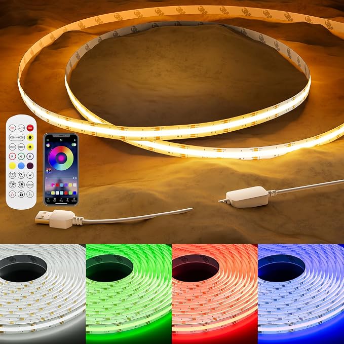 PAUTIX 5V USB RGB COB LED Strip Light 4.92ft/1.5m Color Changing Strip Lights by PAUTIX