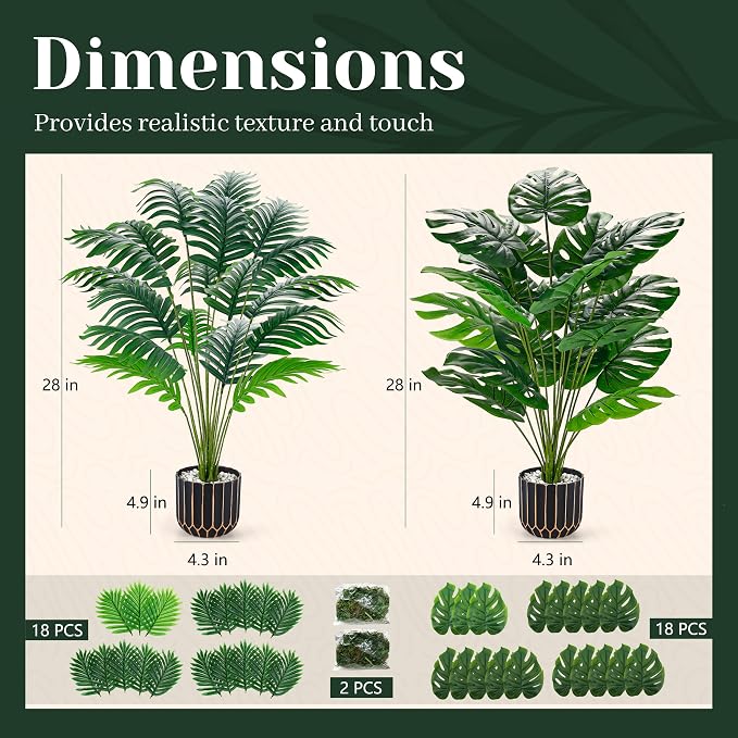 Der Rose 2 Pack 28" Fake Plants, Faux Palm and Monstera - Image 3