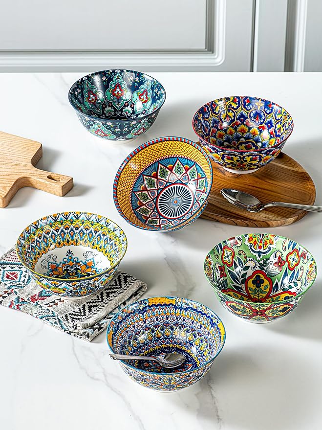 HENXFEN LEAD Boho Ceramic Cereal & Soup Bowls Set of 6, 24 oz | Assorted - Image 5
