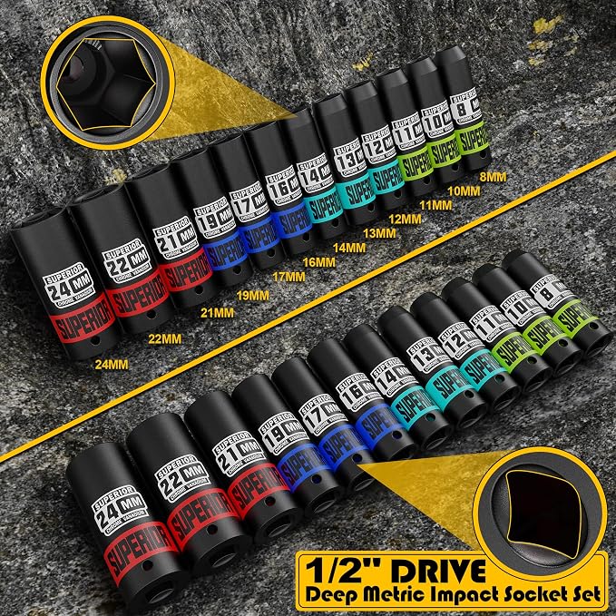 14 Piece 1/2" Drive Impact Socket Set, 8 mm - 24 mm Deep Socket - Image 2