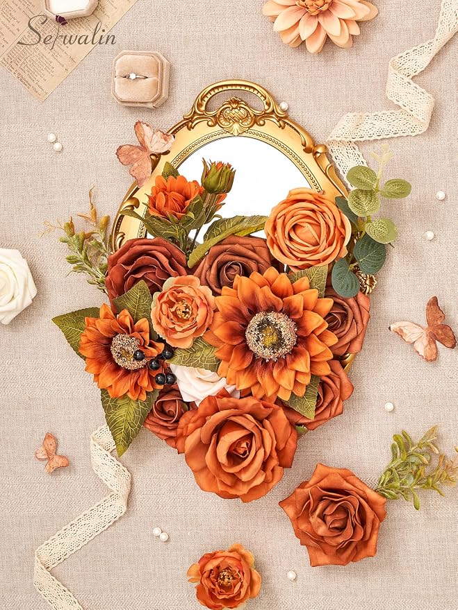 Serwalin Sunflower Artificial Flowers Burnt Orange Fall Flowers - Image 3
