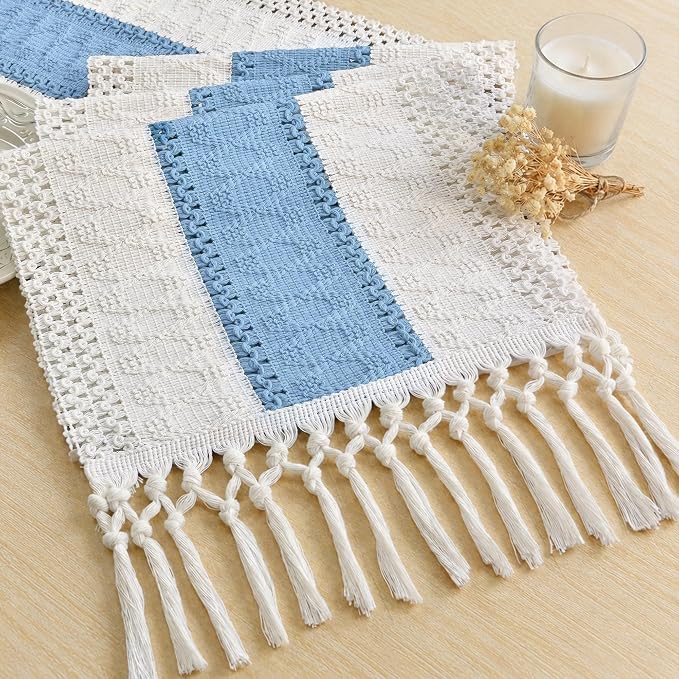 Boho Table Runner for Home Decor 12x72 Light Blue Farmhouse Decor | 72 Inches by FEXIA