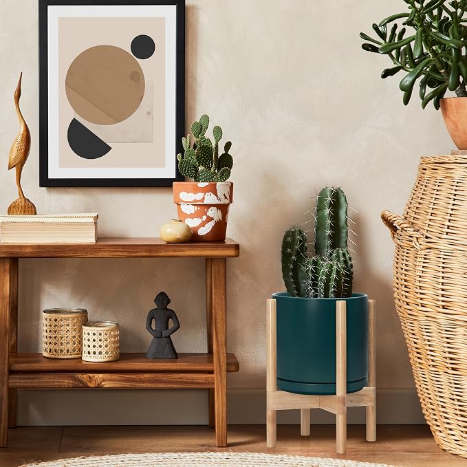 D'vine Dev Ceramic Pot with Natural Wood Stand, 10 in, 55-B-K-4 | Mid-Century - Image 6