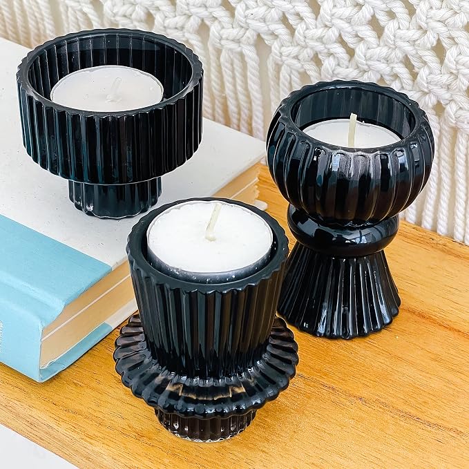 Kate Aspen Vintage Ribbed Glass Black Candlestick Holders, Pillar Candle - Image 7