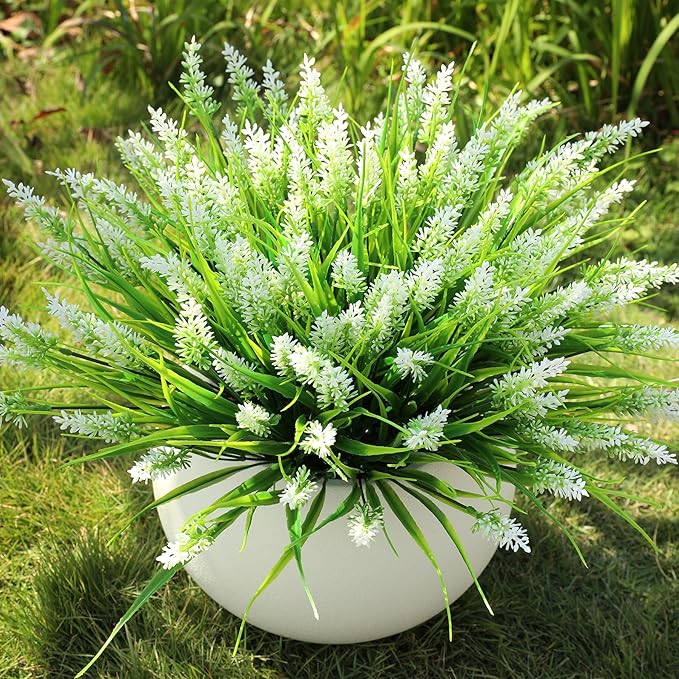 16PCS Artificial Flowers Outdoor, Fake White Monkey Grass Plants | UV Resistant - Image 2