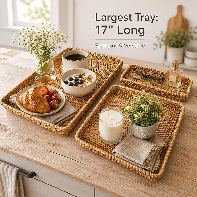 i-lan 17" Large Rattan Nesting Serving Trays, Handwoven Wicker Set of 3 | - Image 2