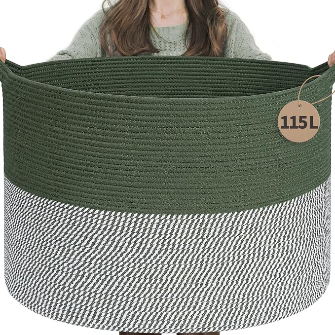INDRESSME 115L Extra Large Woven Rope Blanket Basket Living Room Green | 23.6" by INDRESSME