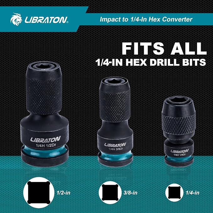 LIBRATON Impact to 1/4 Hex Converter, 1/2 3/8 1/4 Drive, Impact Bit Holder | - Image 3