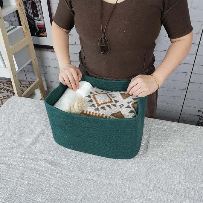 XUANGUO Woven Cotton Rope Storage Baskets 15x10x9.3" 3 Pack Dark Green | - Image 3