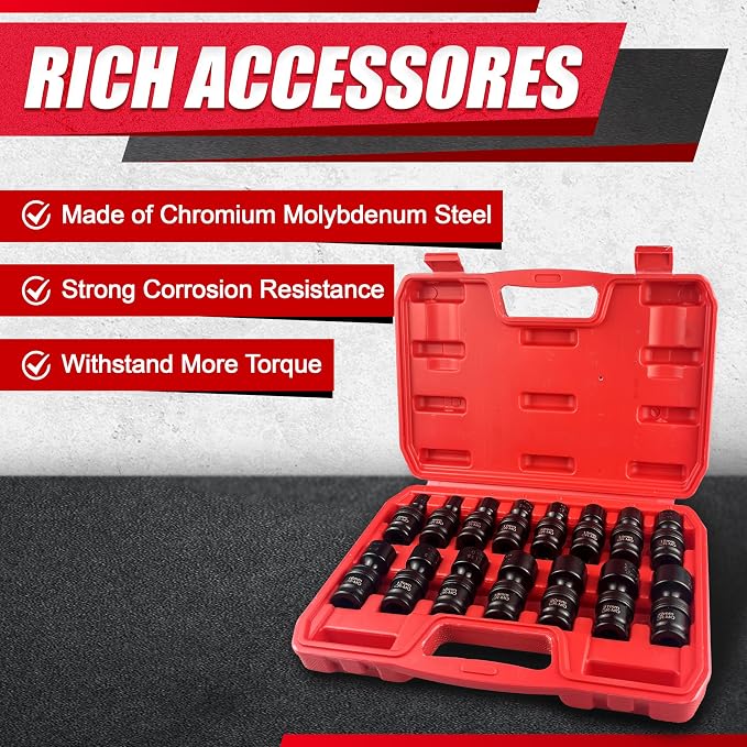 15PCS 3/8" Drive Shallow Universal Impact Socket Set, Swivel Socket Set - Image 3