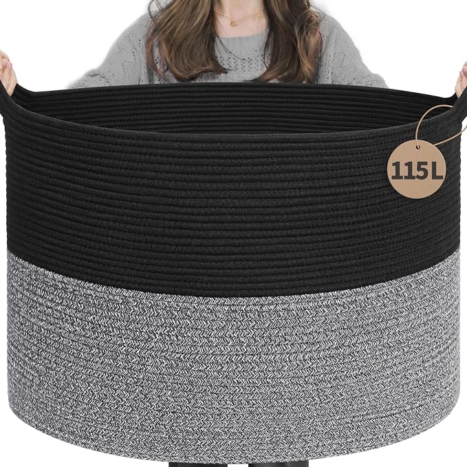 INDRESSME 115L Extra Large Woven Rope Blanket Basket Living Room Black Grey | by INDRESSME