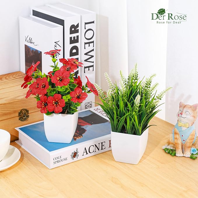 Der Rose 4 Pack Small Artificial Flowers in White Pots, Spring Home Decor | - Image 4
