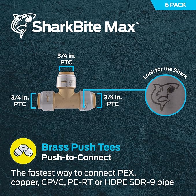 SharkBite Max 3/4 Inch Tee, Push to Connect Brass Plumbing Fitting - Image 2