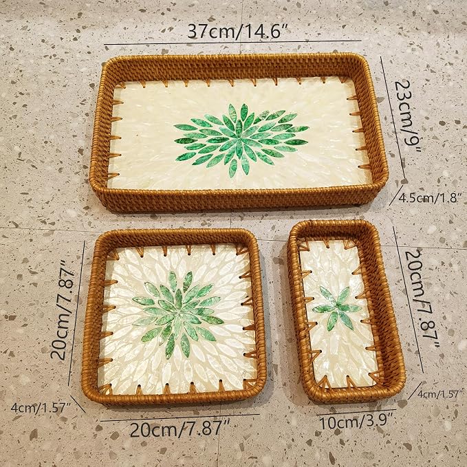 i-lan Set of 3 15" Rectangular Rattan and Mother of Pearl Serving Tray - Image 3