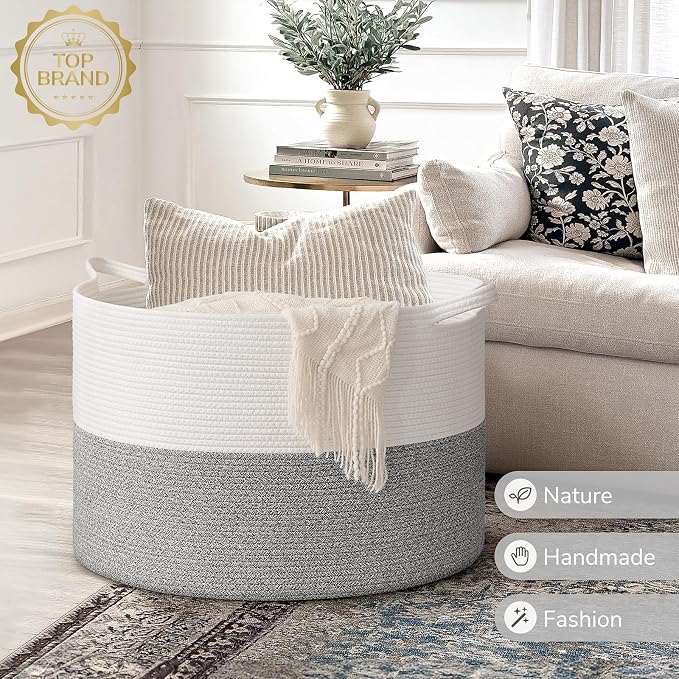 INDRESSME 115L Extra Large Woven Rope Blanket Basket Living Room Light Grey | - Image 7