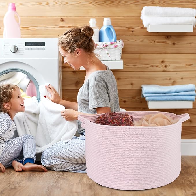 XUANGUO Extra Large Cotton Rope Round Storage Basket 22" x 14" Pink | Woven - Image 4