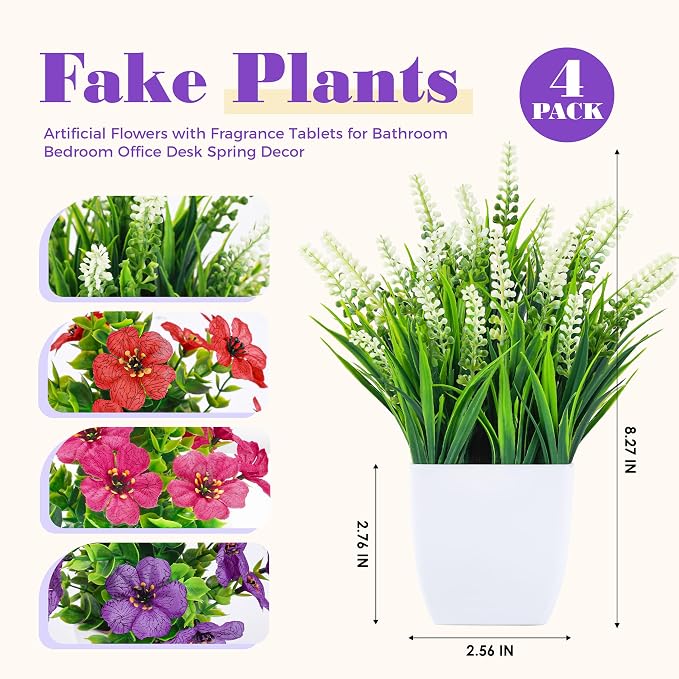 Der Rose 4 Pack Small Artificial Flowers in White Pots, Spring Home Decor | - Image 3