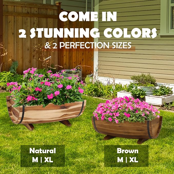 Solid Acacia Wood Half Barrel Planters Outdoor Set of 2 Different Sizes - Image 5