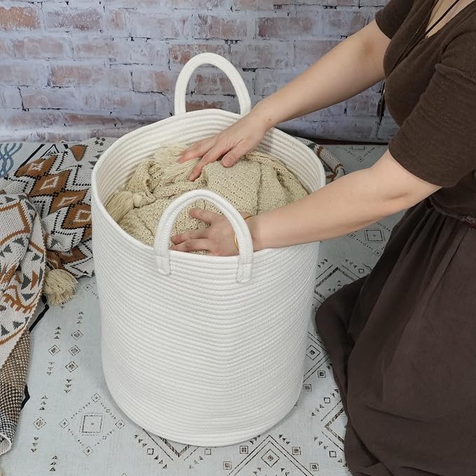 XUANGUO White Cotton Rope Laundry Basket Hamper - Image 3