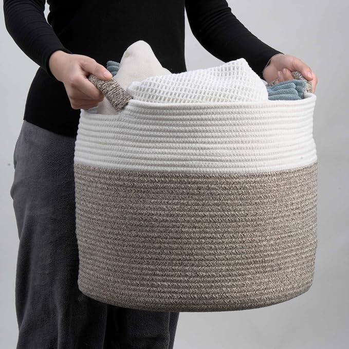 Blanket Basket for Living Room, Woven Rope Storage Basket | 16"D x 14"H | White - Image 7