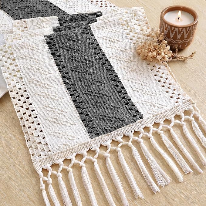 Boho Table Runner with Tassels for Home Decor 12x72 Inches Grey | 72 Inches by FEXIA