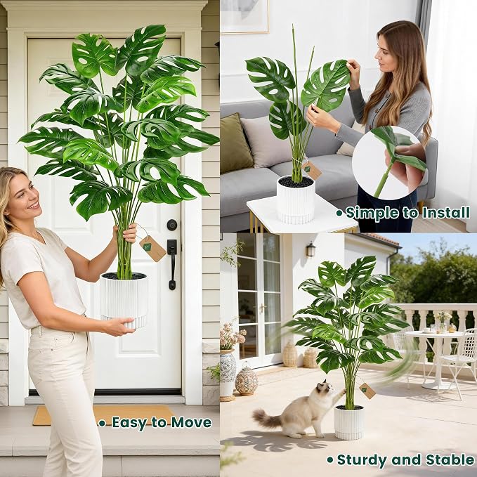 Der Rose 44" Artificial Plants Indoor, Monstera Floor Plant in White Pot | - Image 4